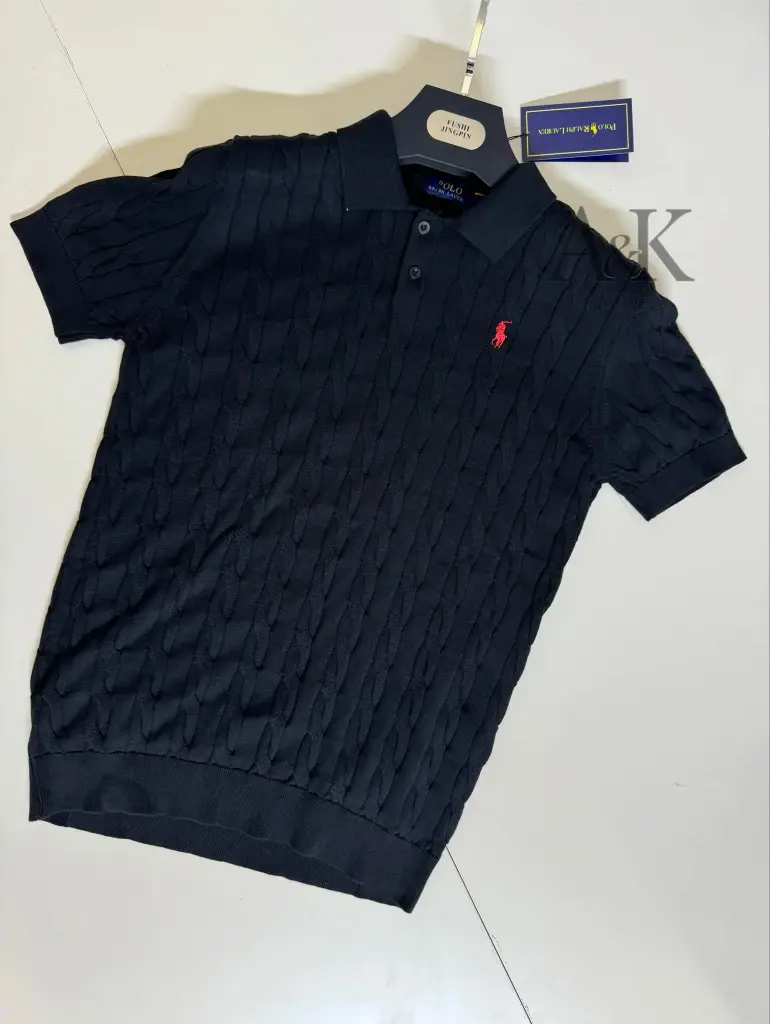 Cable-Kint Cotton polo-collar sweater noir