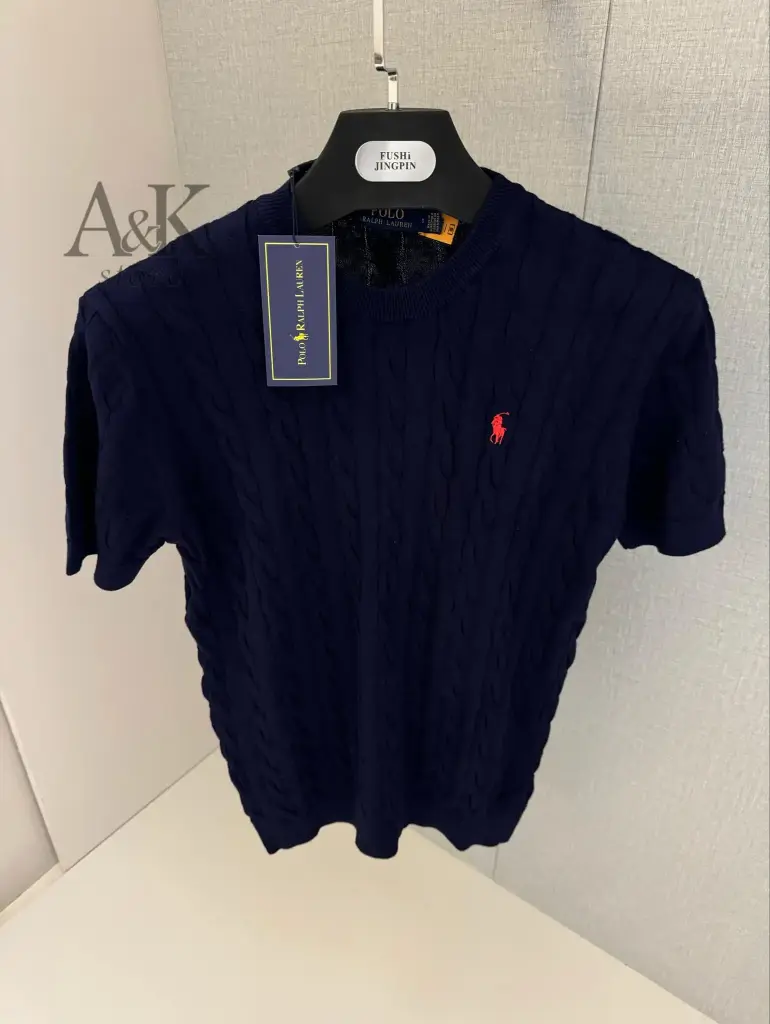 Cable-Kint Cotton T-shirt -collar sweater bleu
