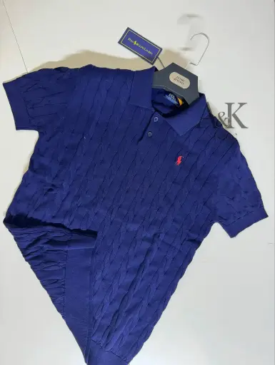 Cable-Kint Cotton polo-collar sweater bleu