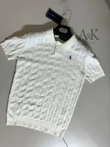 Cable-Kint Cotton polo-collar sweater blanc