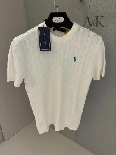Cable-Kint Cotton T-shirt -collar sweater blanc